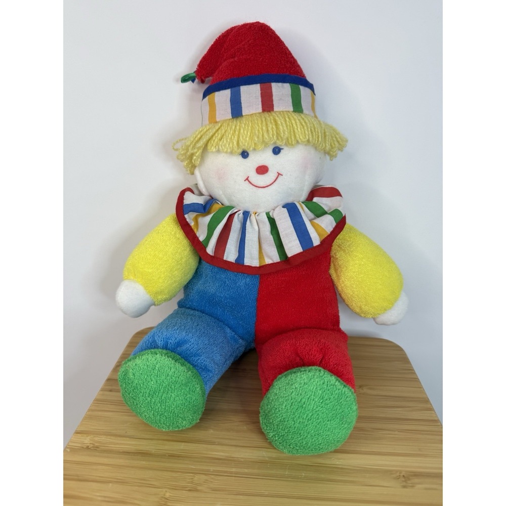 VTG Clown Plush Kids Gifts Terrycloth Baby Doll Soft‎ Toy Red Blue Color Block